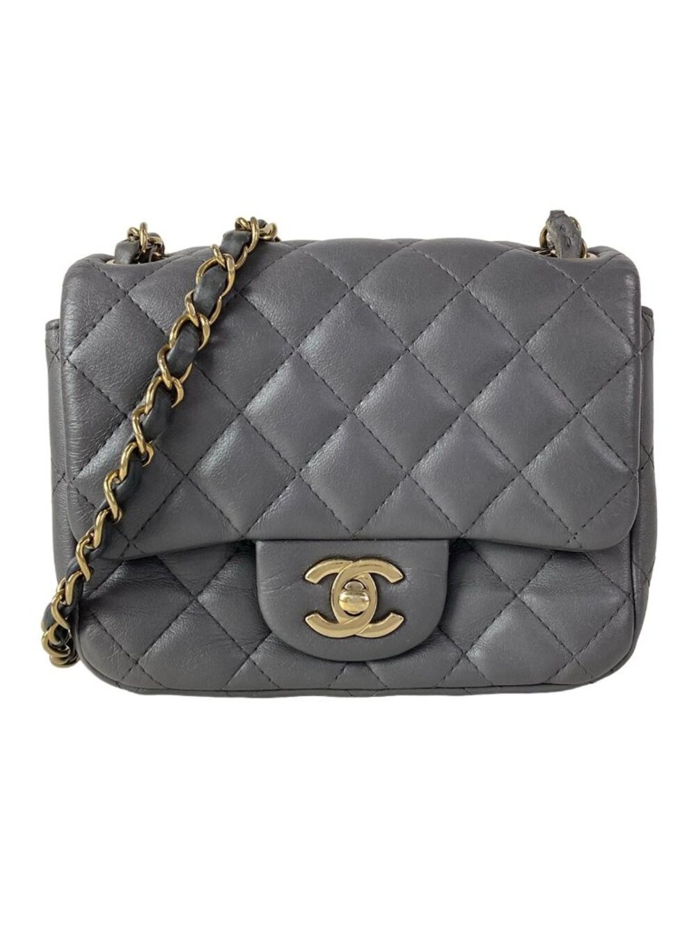Chanel Shoulder Bag Mini Quilted Gray Chain Gold Lambskin